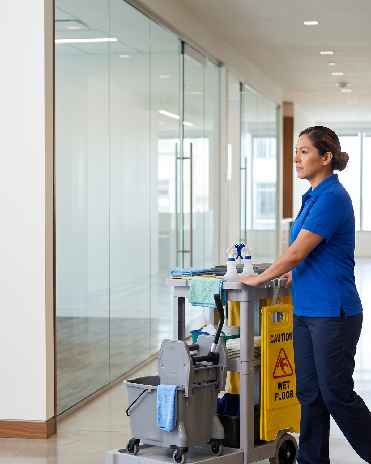 Janitorial professional with cleaning cart in an office hallway