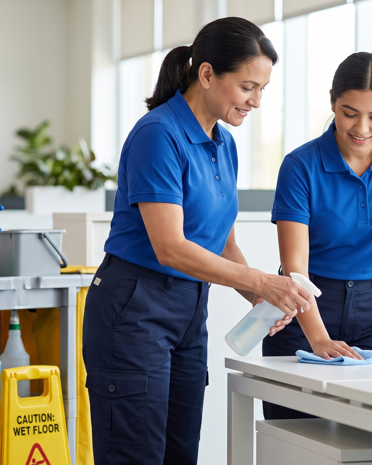 Two Maravilla cleaners working together in an office