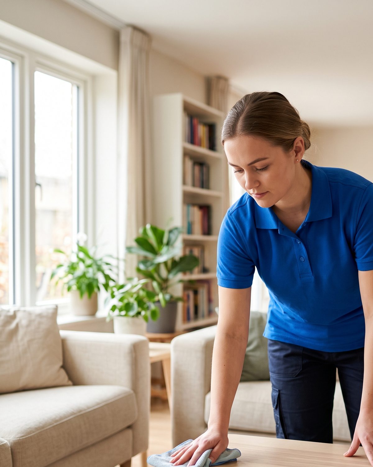 Professional cleaner tidying a modern living room